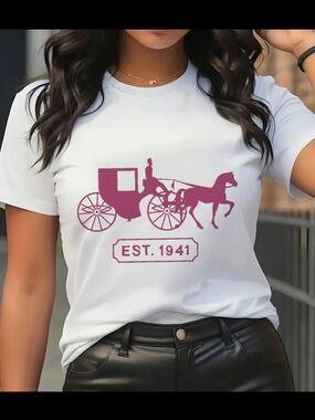 White Graphic Tee with Maroon Carriage Print only M ,XXL LEFT